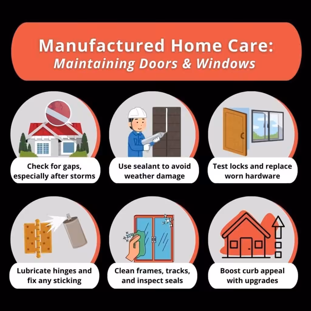 Maintain exterior doors and windows for a mobile home by being diligent about crack, gaps, and weather impact
