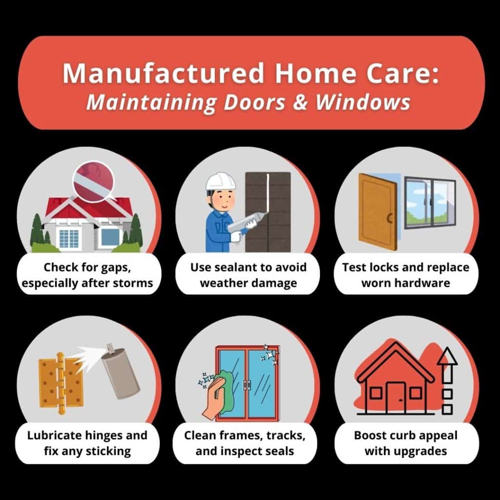 Maintain exterior doors and windows for a mobile home by being diligent about crack, gaps, and weather impact