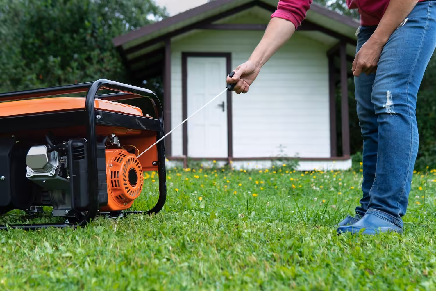 Woman starts a large portable generator