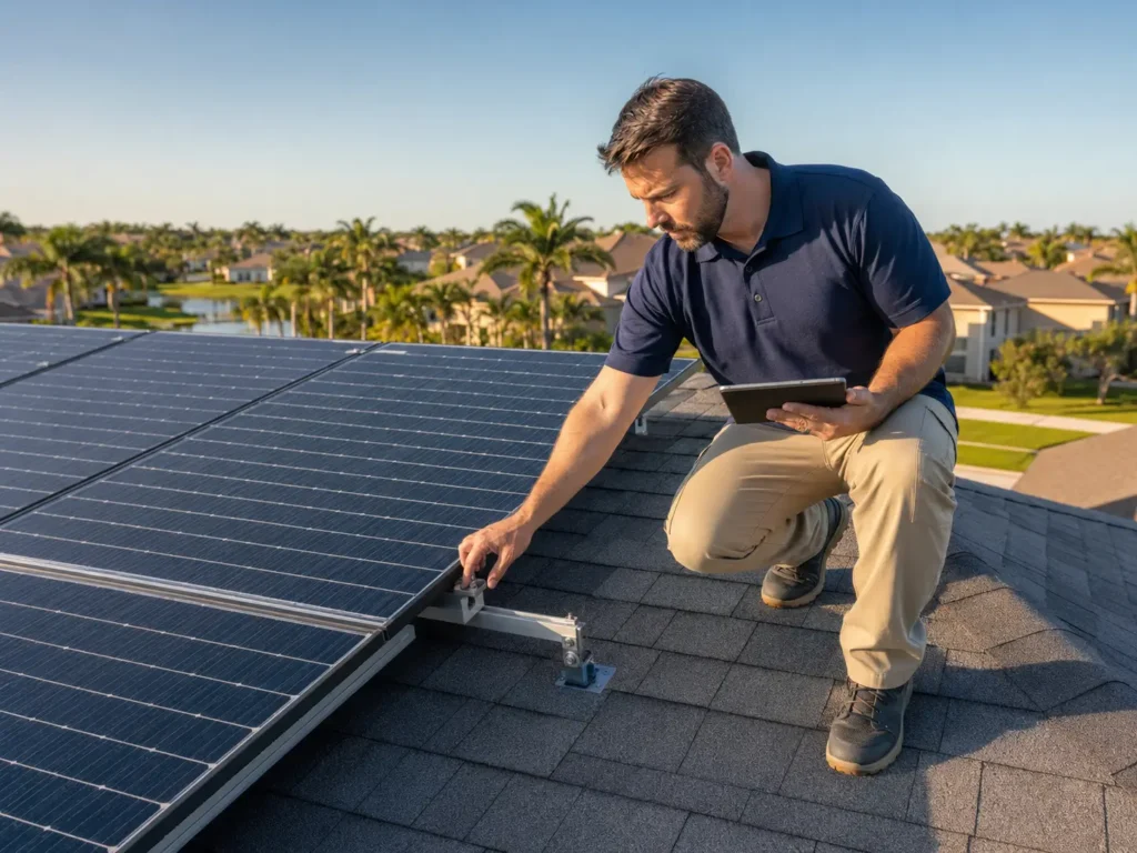Professional Tier-1 inspector evaluating a residential rooftop solar array