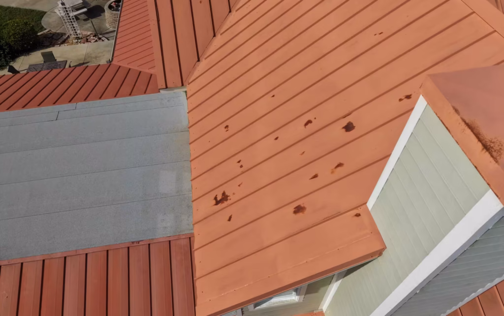 Damaged metal roofing, rusting